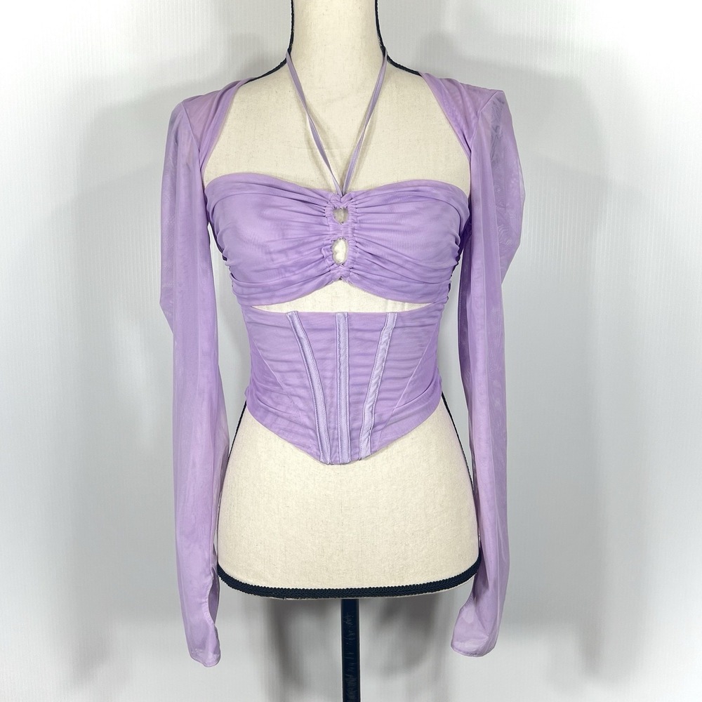 Mistress Rocks Lilac Mesh Corset Top Sz Small Purple Long Sleeve Festival *READ*